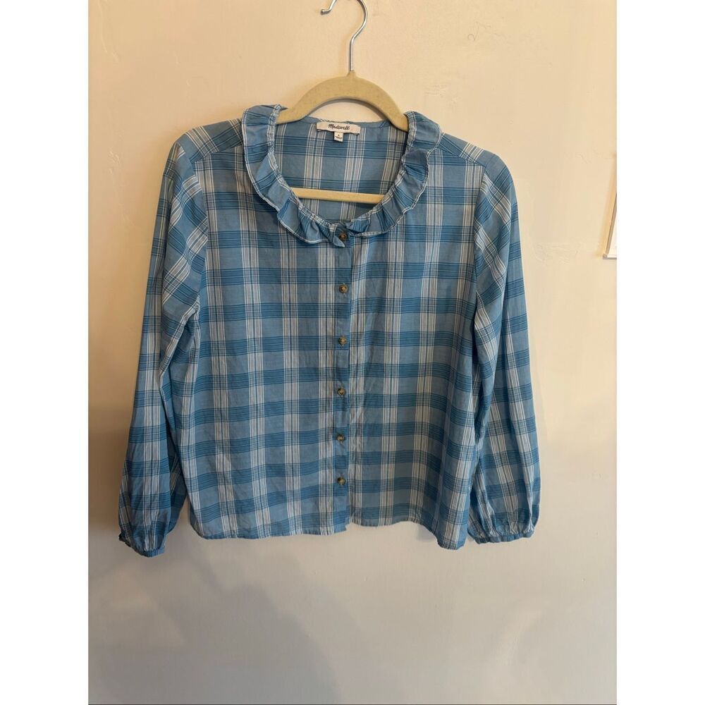 Madewell Colwell Plaid Ruffle Neck Blouse Small Blue Button Up Peasant Top Cotto - Picture 3 of 8